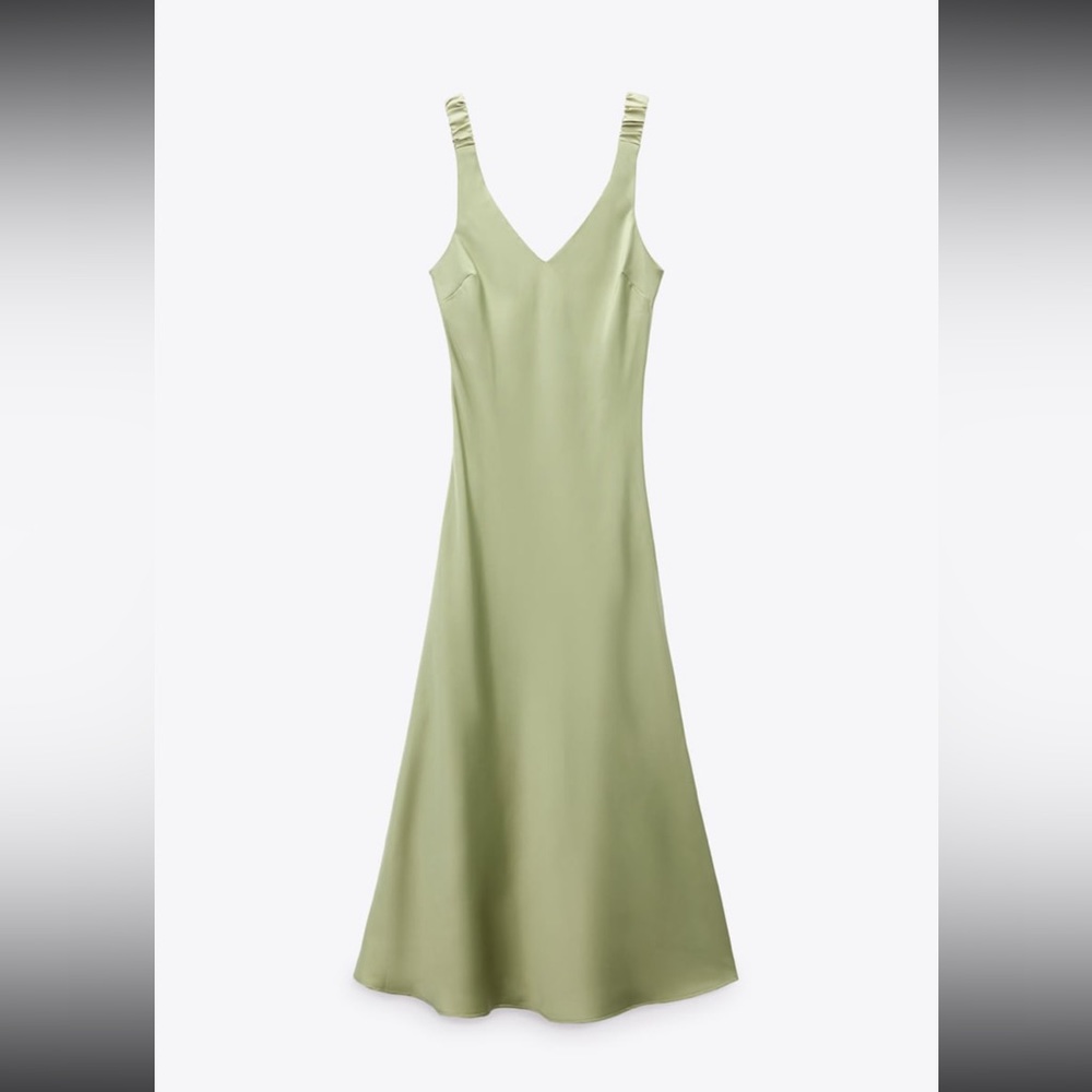 Green silky dress with ruched straps